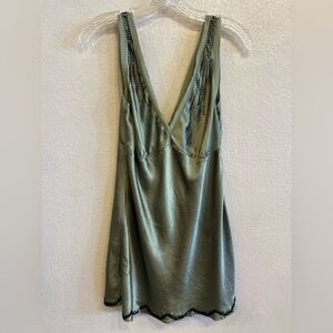 Gold Hawk 100% Silk Tank Top Green Beaded Sleeveless Cami Blouse Size Large